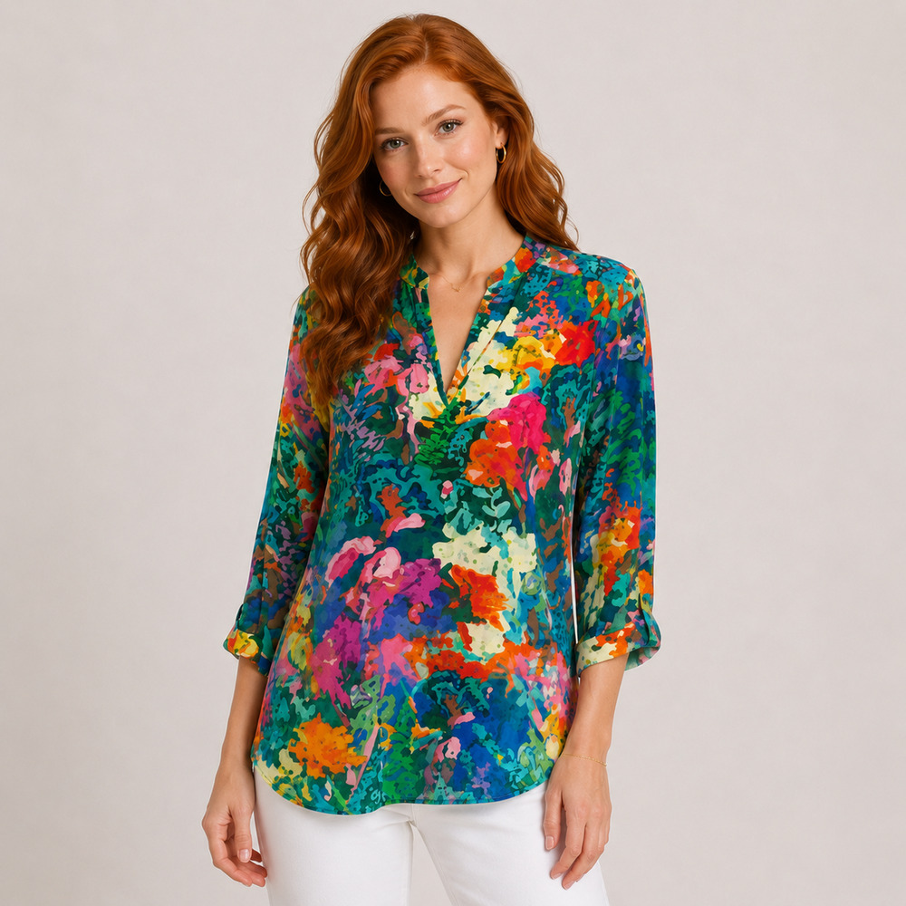 Amanda Uprichard Silk Tunic Blouse S Floral 3/4 Sleeve Split Neck Multicolor